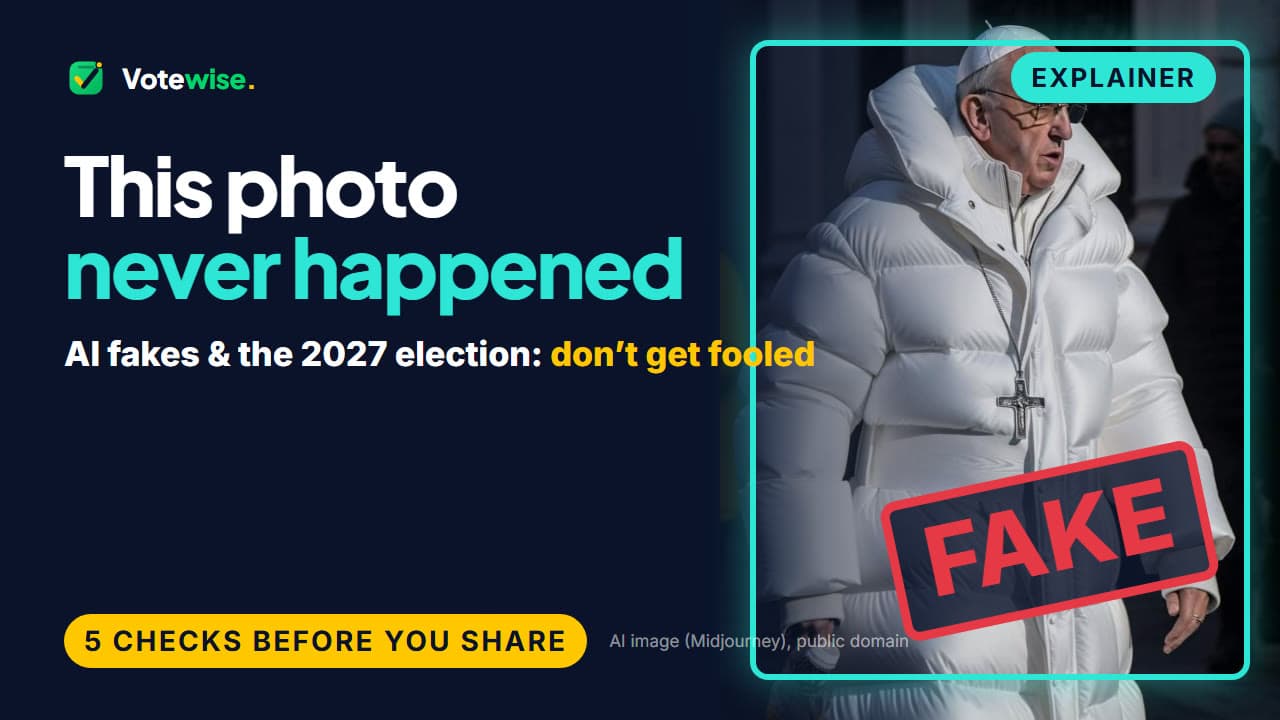 An AI-generated image of Pope Francis in a white puffer jacket, stamped FAKE, beside the words “This photo never happened”