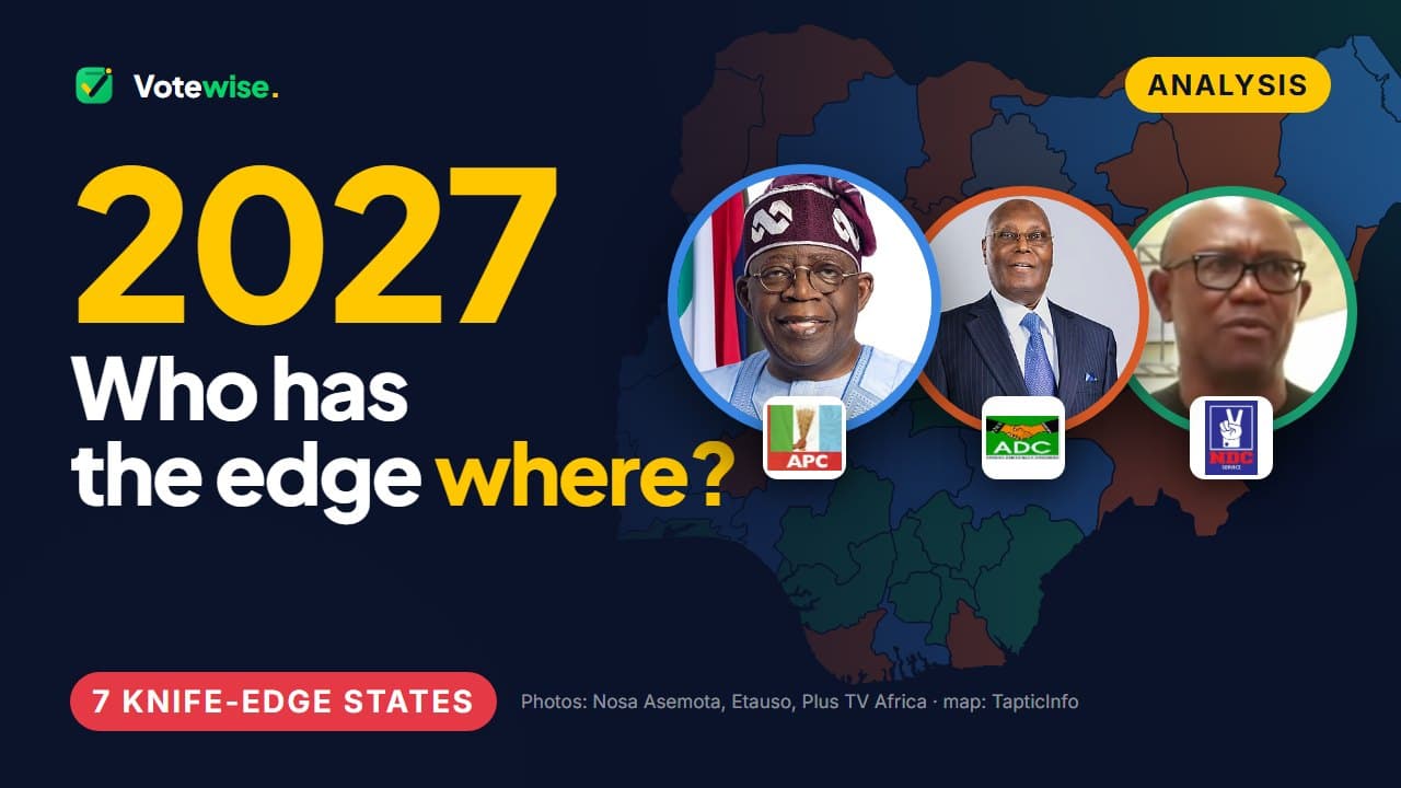 Tinubu, Atiku and Obi over a map of Nigeria coloured by the 2023 winner in each state