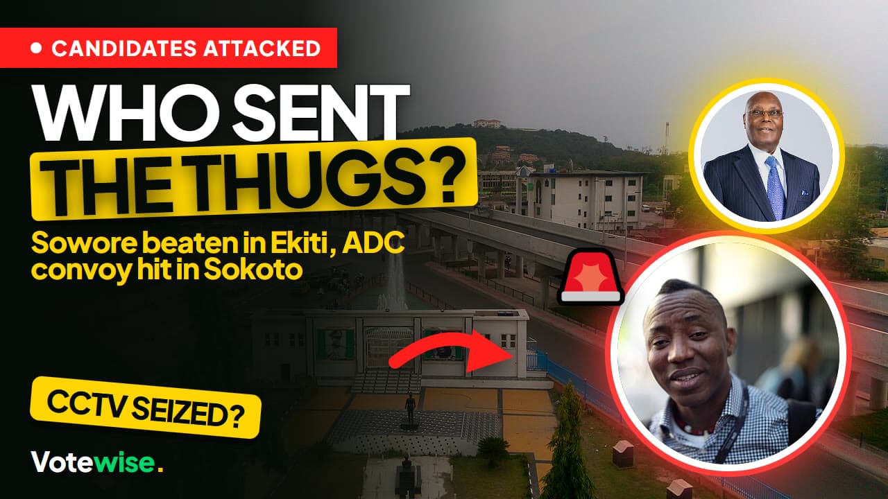 Ado-Ekiti street scene with Omoyele Sowore and Atiku Abubakar inset and the words “Who sent the thugs?”
