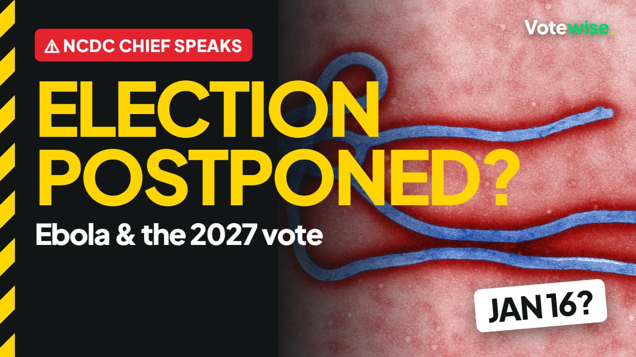 Ebola virus under a microscope beside the words “Election postponed?” and “Ebola & the 2027 vote”