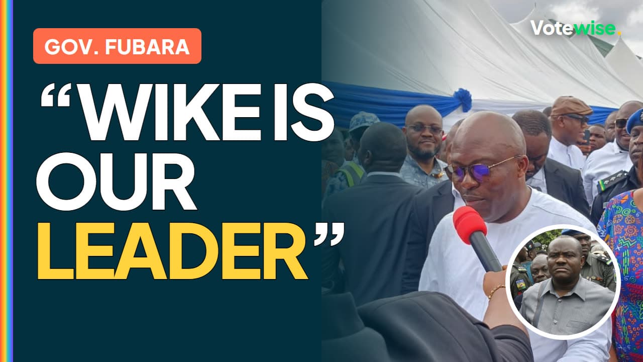 Governor Siminalayi Fubara and FCT Minister Nyesom Wike beside the words “Wike is our leader”