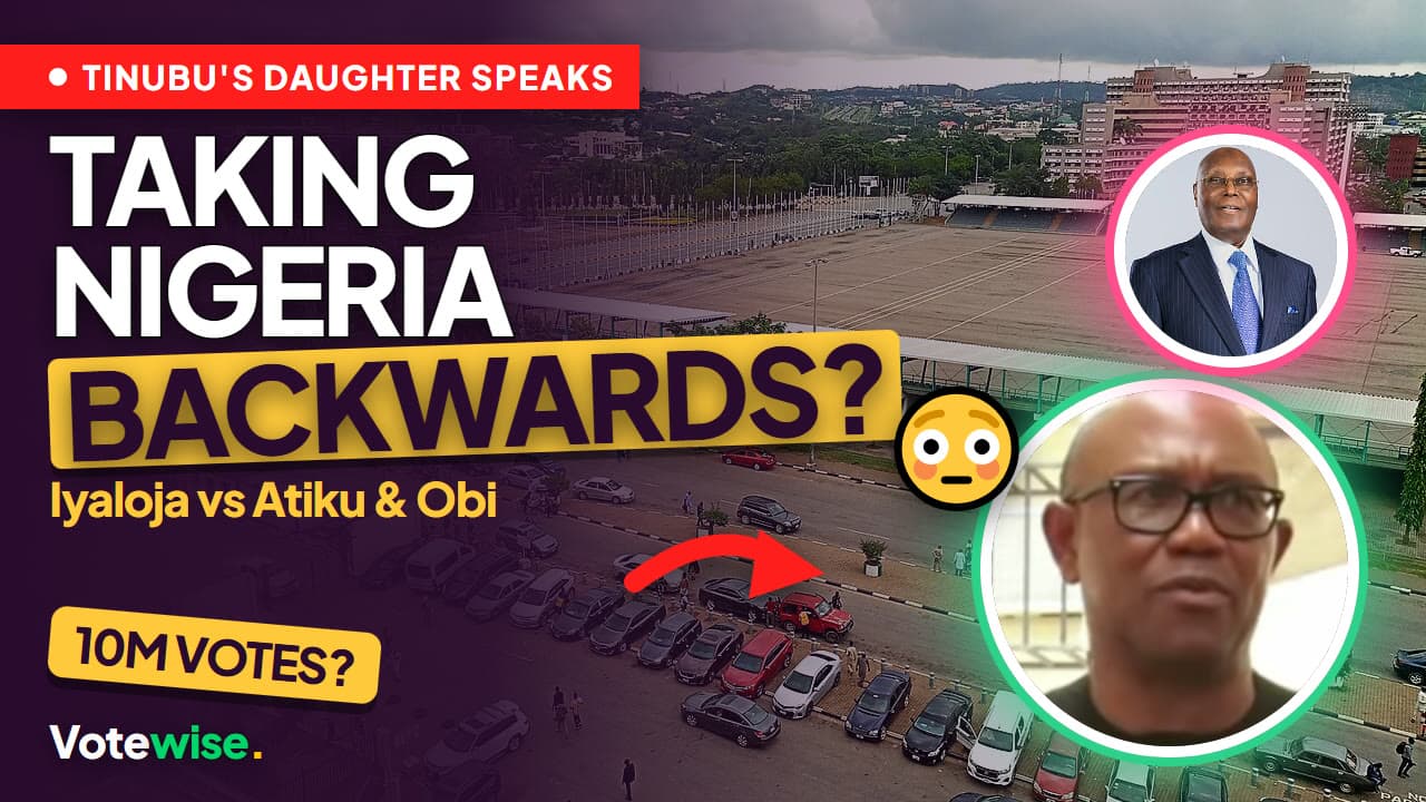 Eagle Square, Abuja, with Peter Obi and Atiku Abubakar inset and the words “Taking Nigeria backwards?”