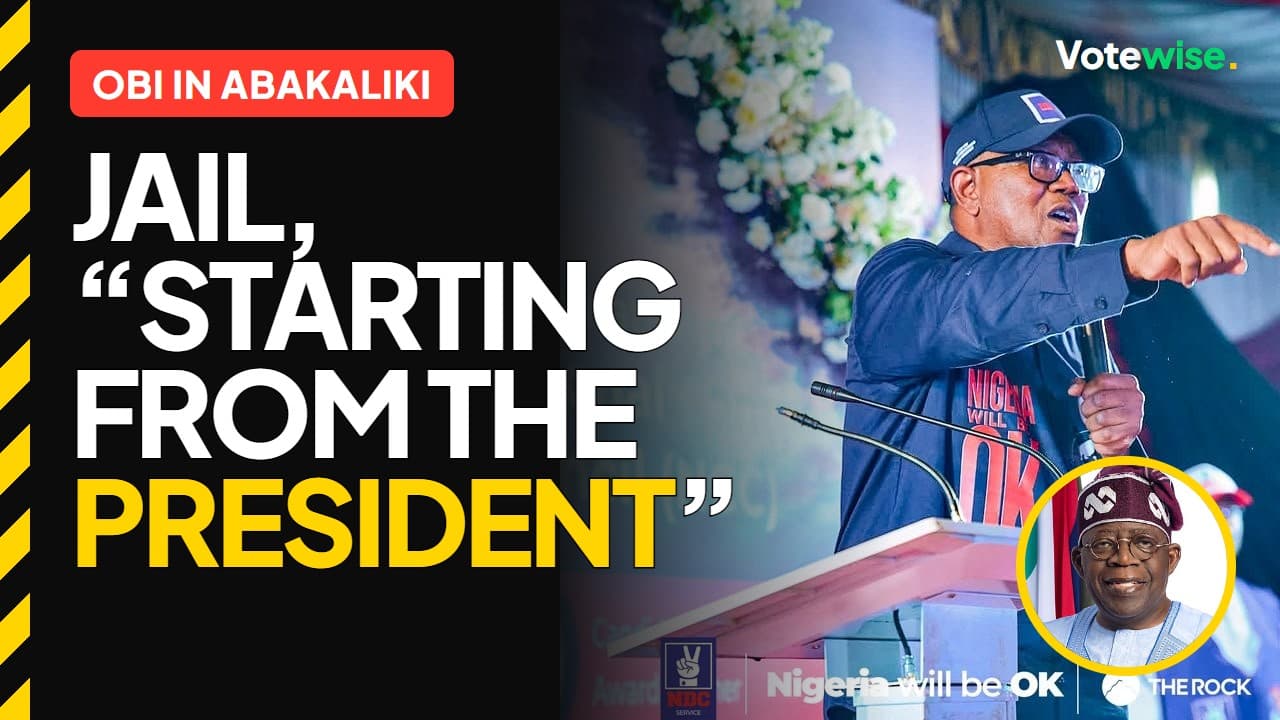 Peter Obi pointing, with the words “Jail, starting from the President” and an inset of President Tinubu