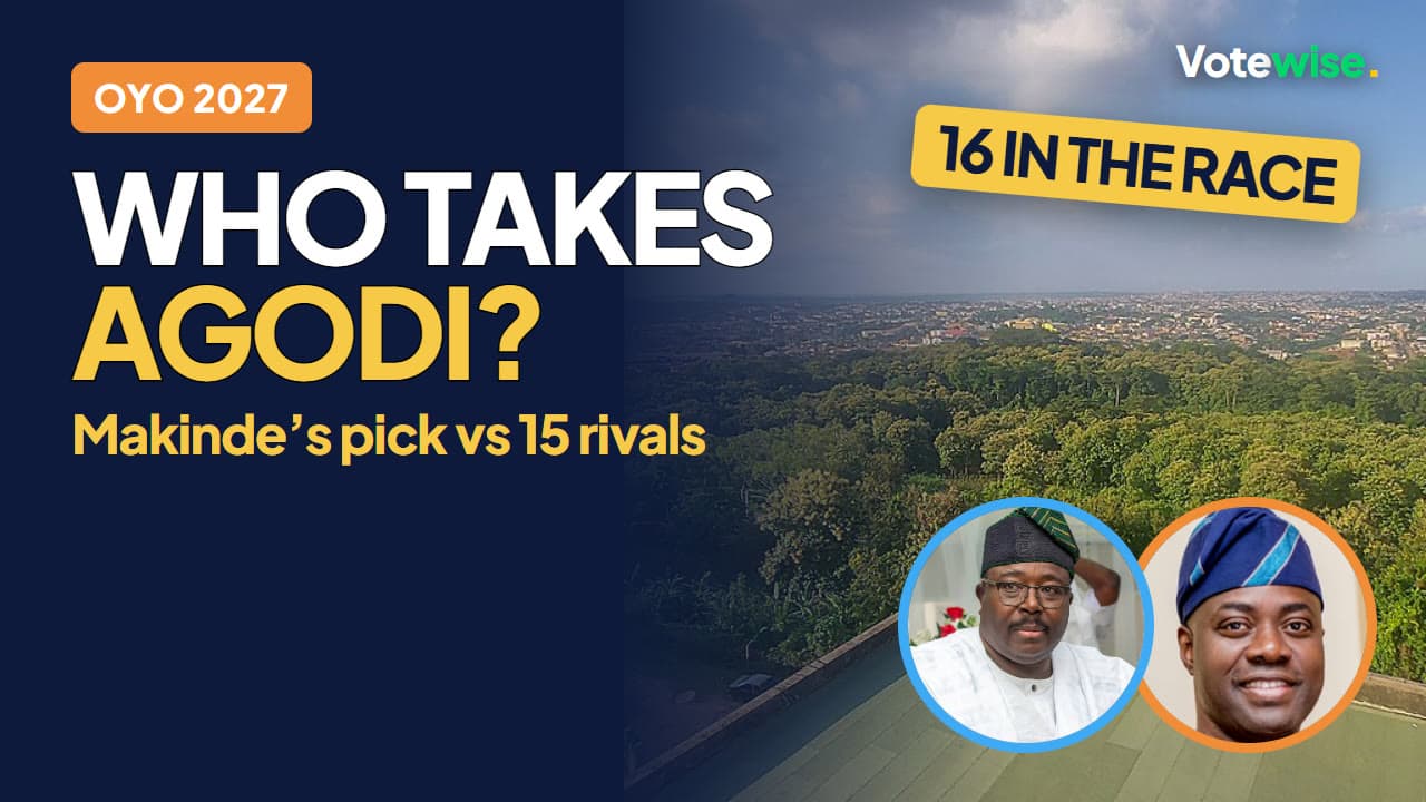 Aerial view of Ibadan with Governor Makinde and Senator Alli inset and the words “Who takes Agodi?”