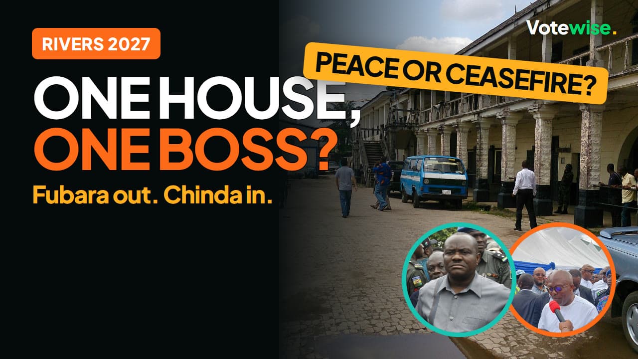 Port Harcourt street scene with Governor Fubara and Nyesom Wike inset and the words “One house, one boss?”