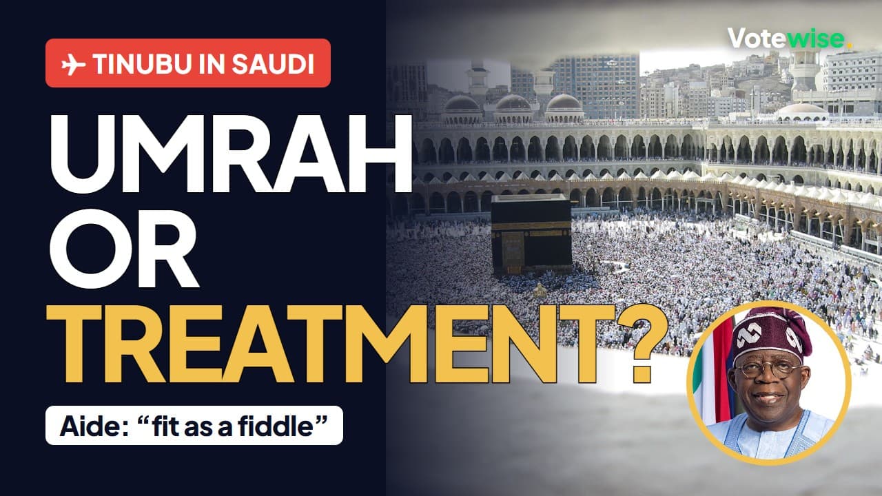 Masjid al-Haram in Makkah with President Tinubu inset and the words “Umrah or treatment?”
