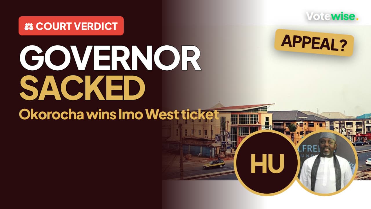Owerri cityscape with Rochas Okorocha inset and the words “Governor sacked”