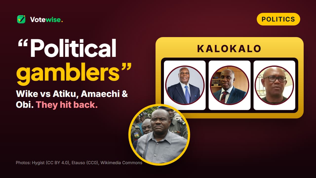 A slot machine showing Atiku Abubakar, Rotimi Amaechi and Peter Obi beside a photo of Nyesom Wike and the words “Political gamblers”
