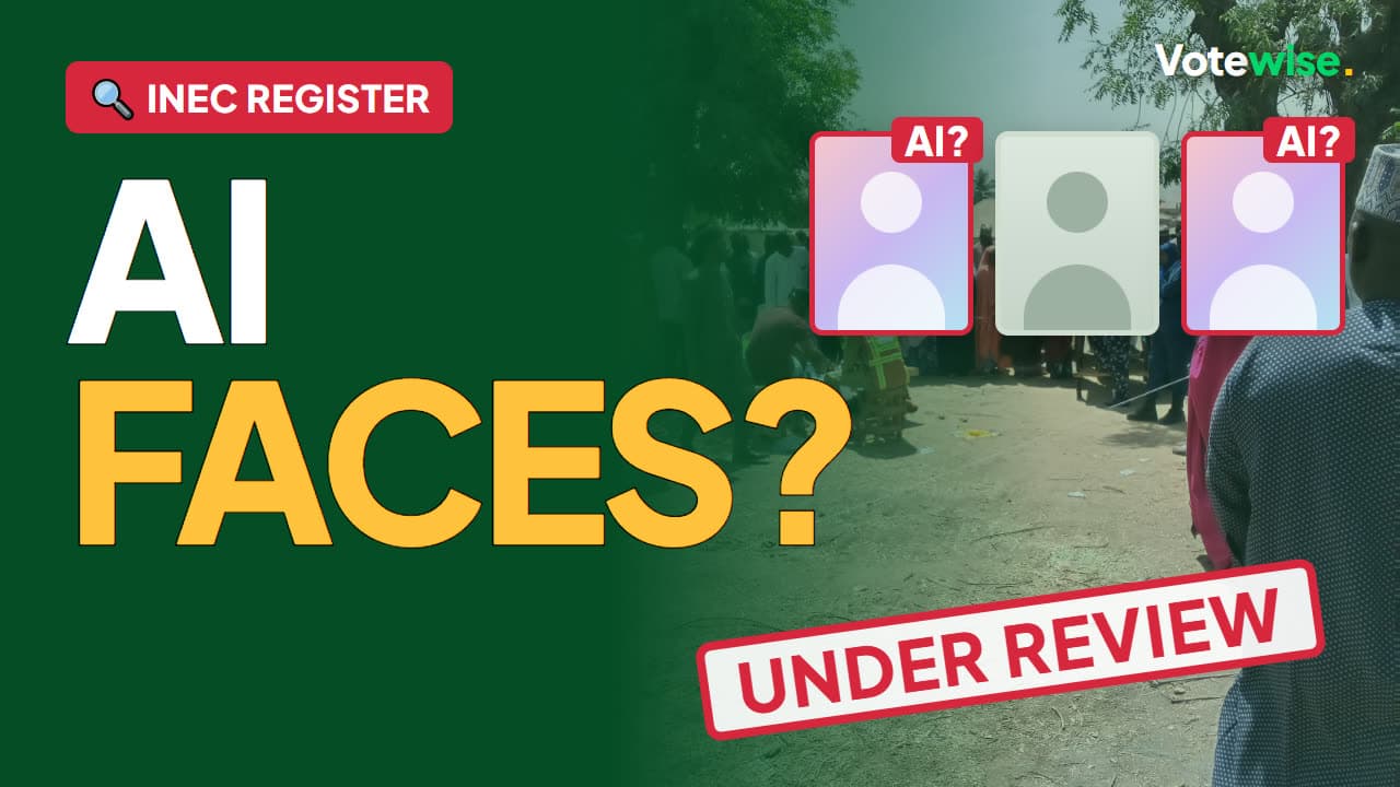 A voters' register sheet with photo entries flagged “AI?” and stamped “Under review”