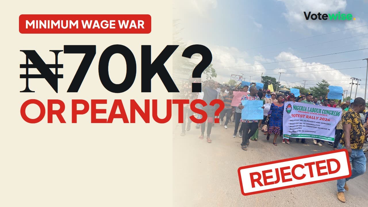 “₦70K? Or peanuts?” over NLC protesters, with a red “Rejected” stamp