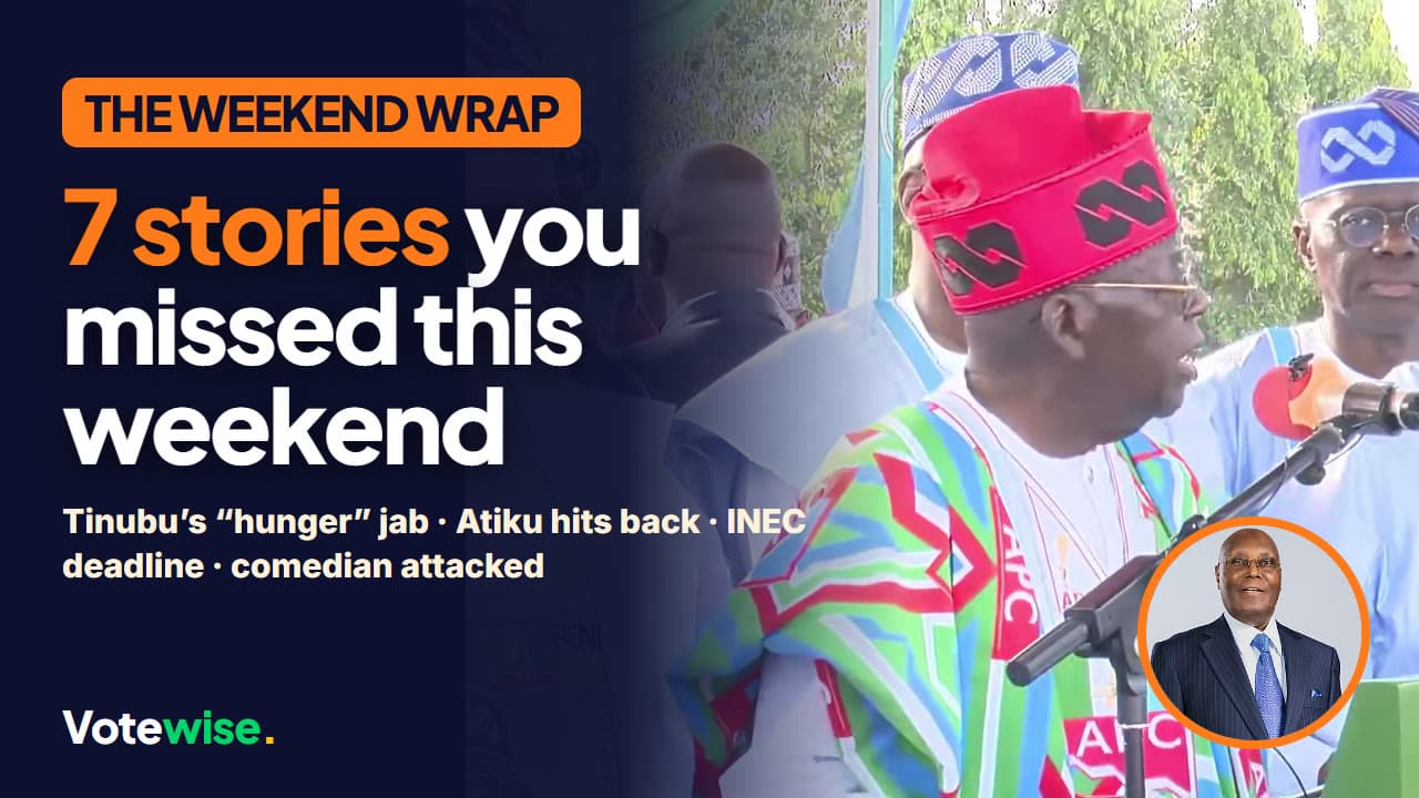 President Tinubu at a podium with an inset of Atiku Abubakar and the words “7 stories you missed this weekend”
